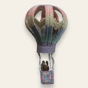 Vintage Needlepoint Handmade Bunny Rabbit in Pastel Air Balloon Fiber Art Easter